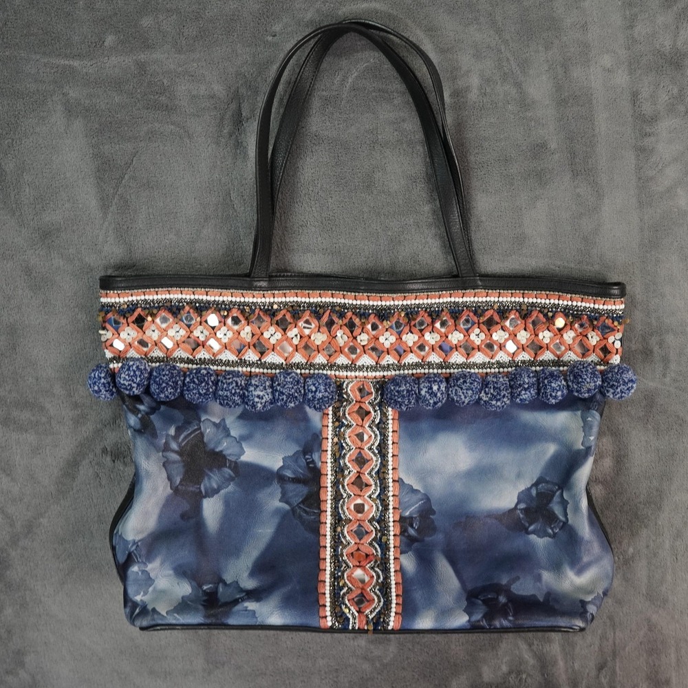 Rebecca Minkoff Tote Bag Womens Large Embellished‎ Pom Pom Boho Leather Canvas